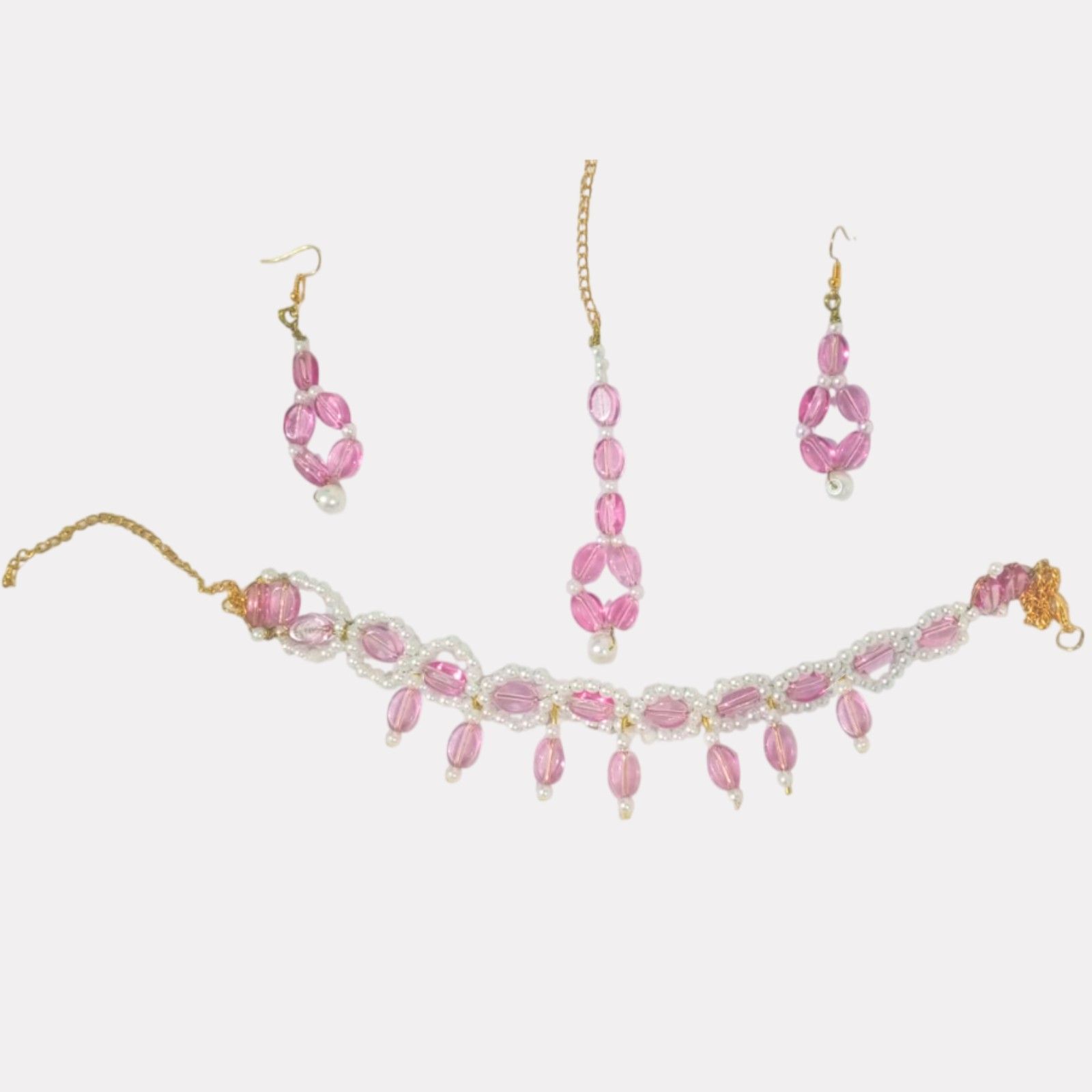 Handcrafted Crystal & White Pearl Contrast Jewelry Set