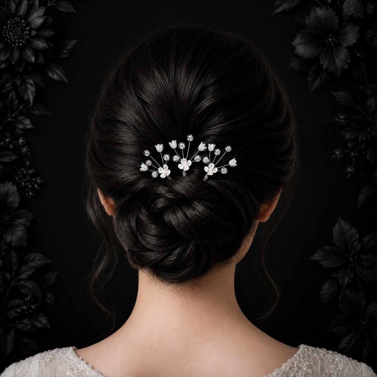 Charming white hair pins with flowers and pearls for weddings