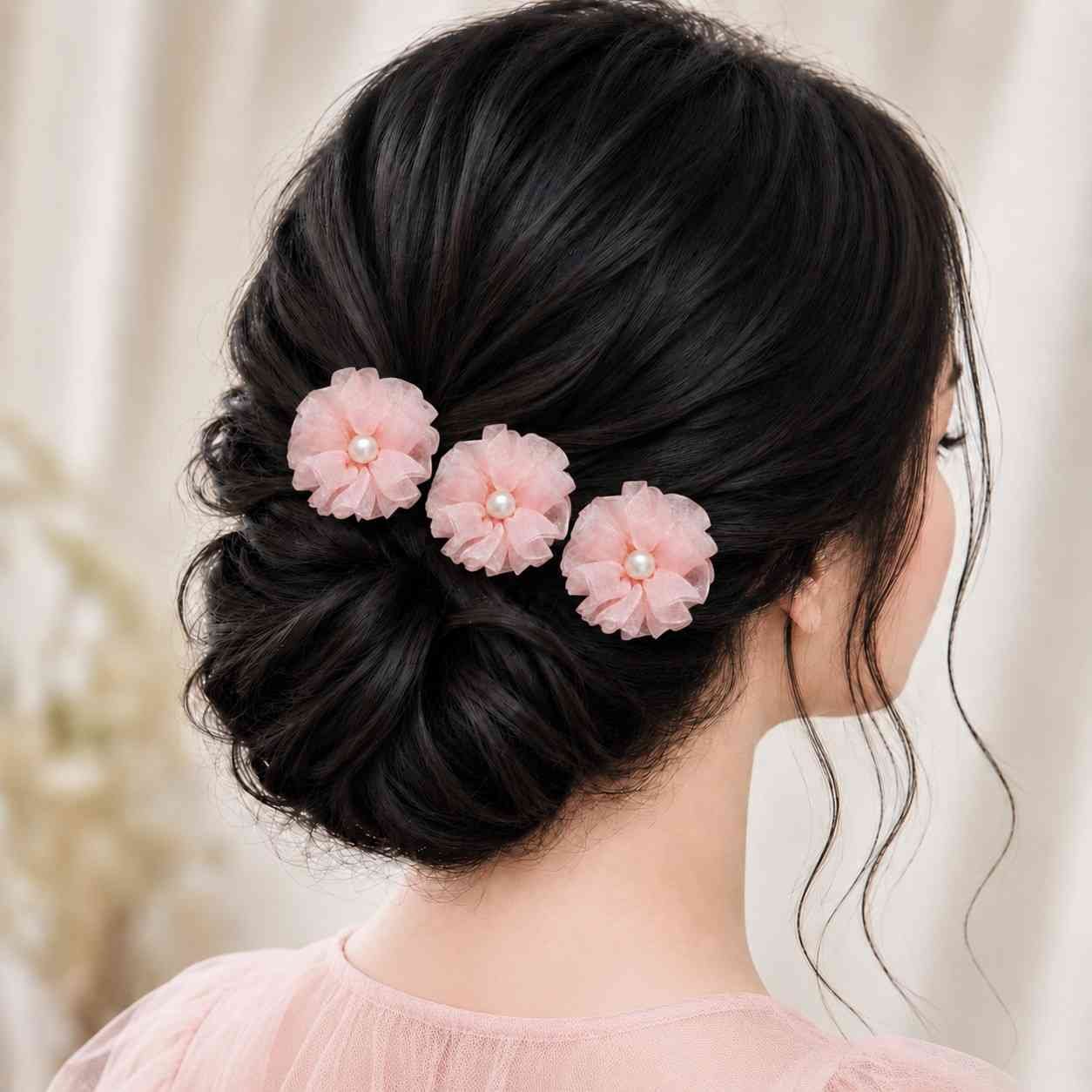 Floral organza hair pins with pearl centers for weddings and parties