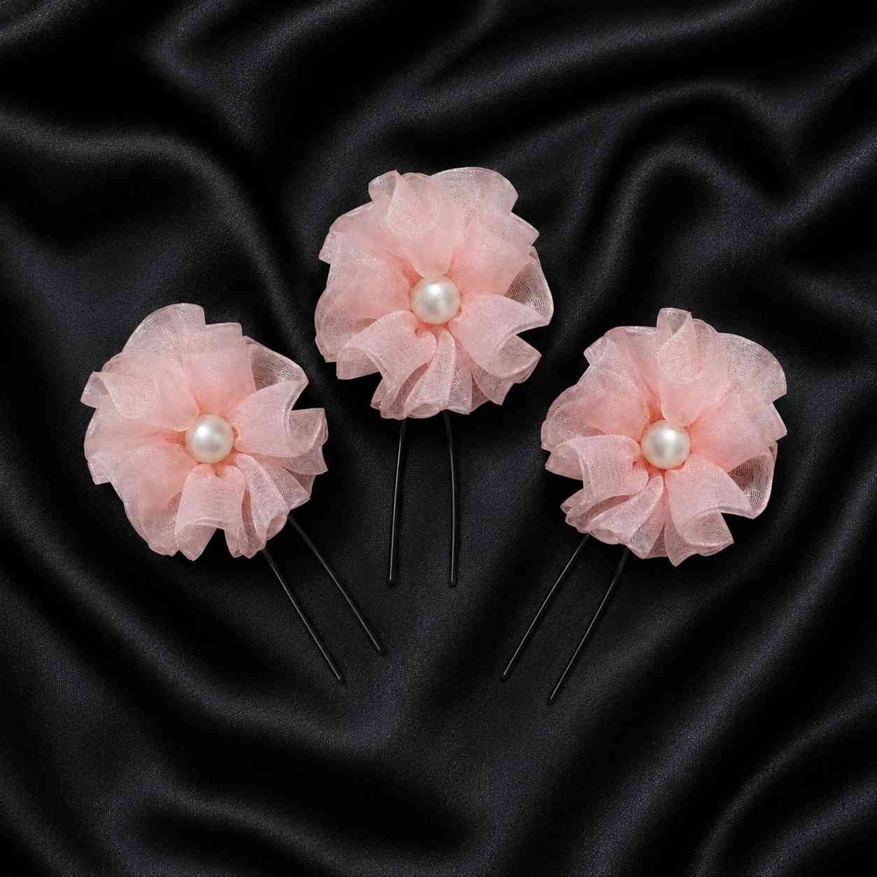 Elegant organza flower hair pins with pearl centers in Pakistan