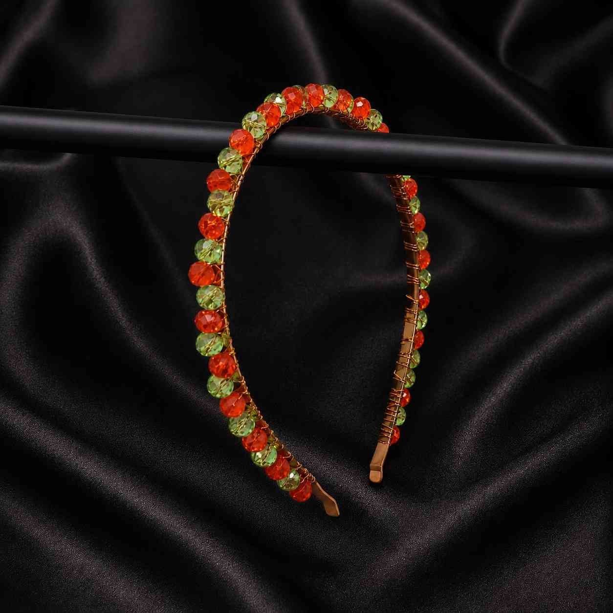 Orange and green crystal beaded hair band for Mehndi celebrations