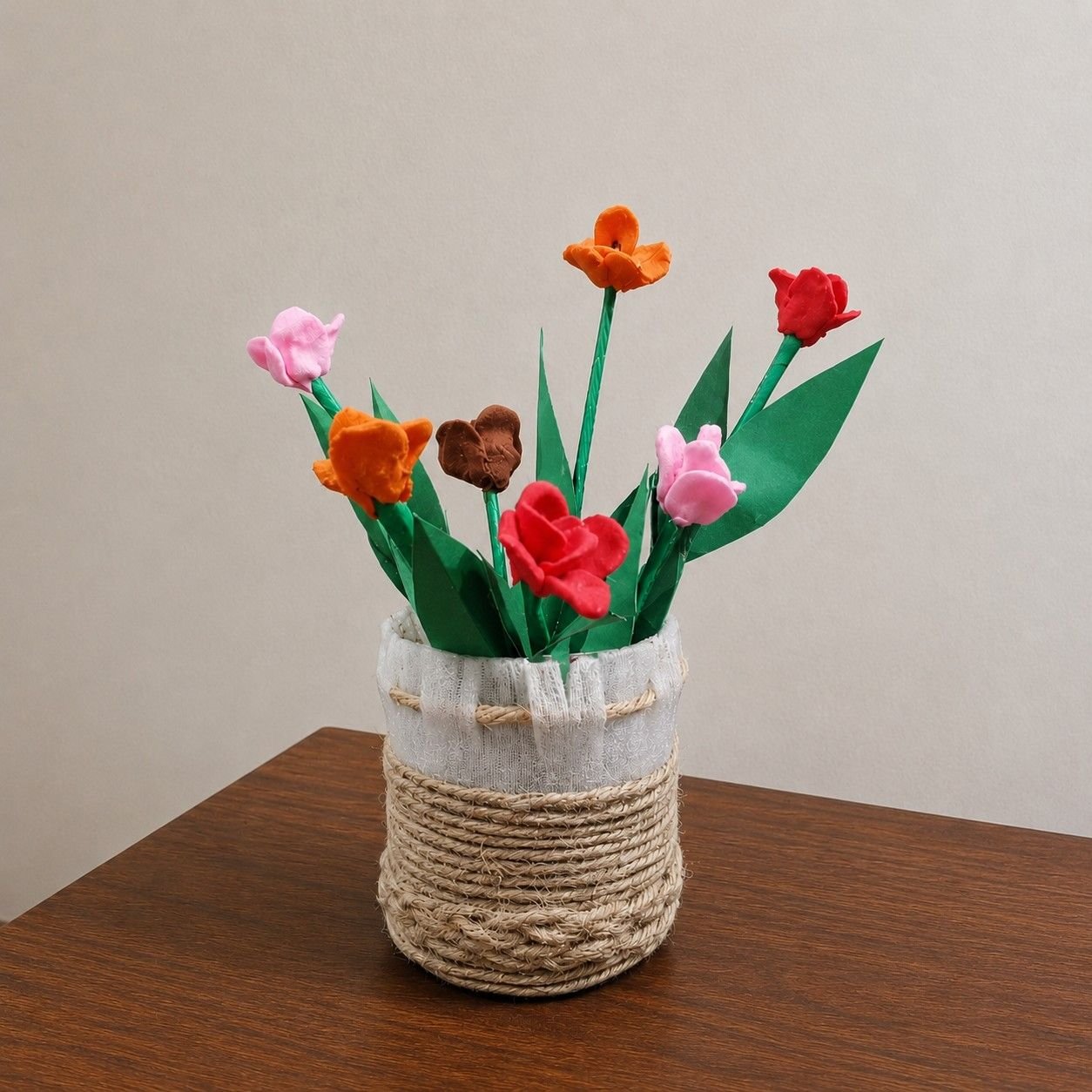 Decorative vase with multicolor clay flowers