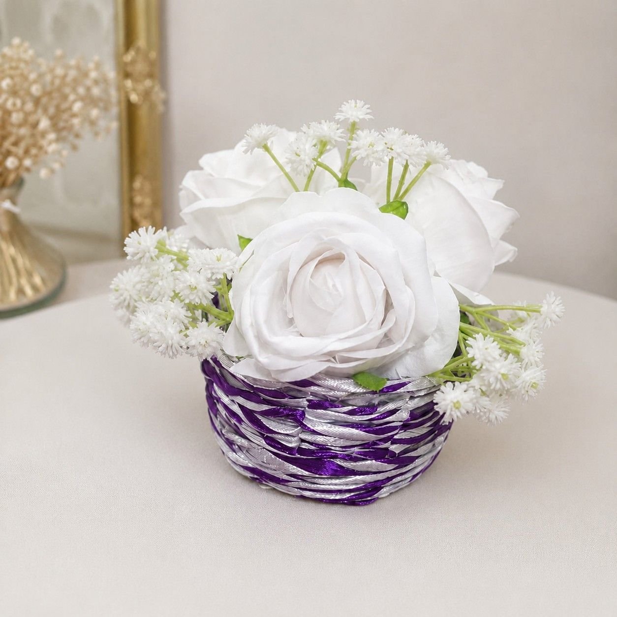 Decorative white rose flower basket