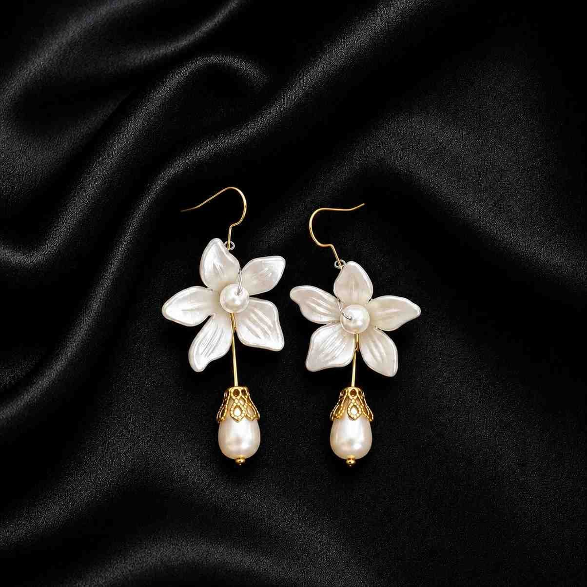 pretty white floral earrings with pearl drop design Pakistan